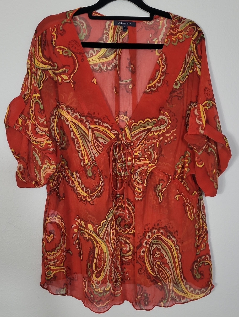 Anne Klein Silk Paisley Kimono Top Size Large V Neck Drawstring Cover Up Boho